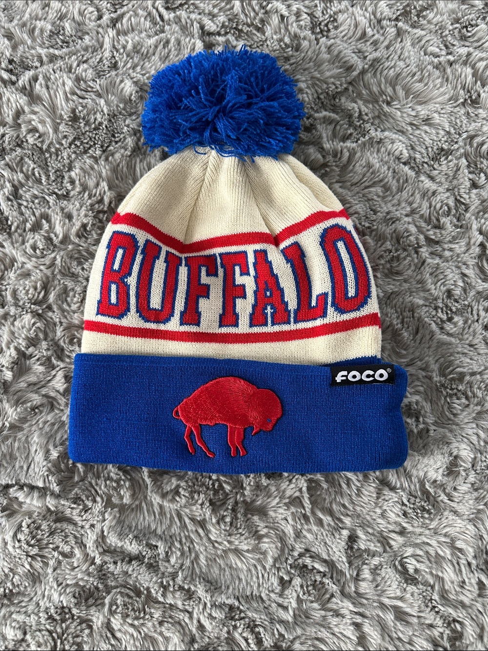 FOCO Buffalo Pom Beanie - Cream, Royal Blue & Red